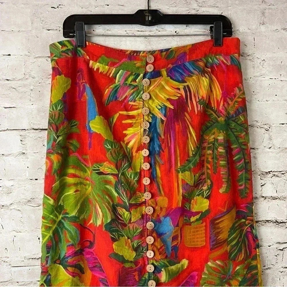 Farm Rio Red Tropical Jungle Button Down Midi Skirt Large Tropical Linen Blend L - Picture 4 of 7
